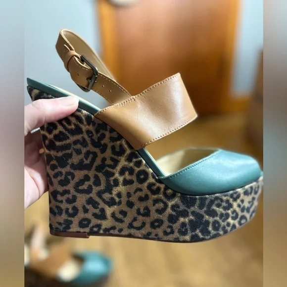 Nine West Teal and Leopard Print Wedge Shoes - Picture 2 of 6